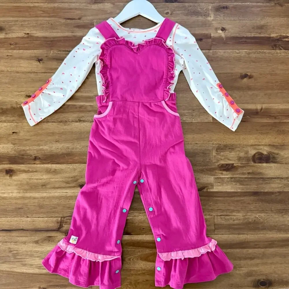 Wildflowers Girls First Love Pink Ruffled Overalls with Cream Heart Top Set 4